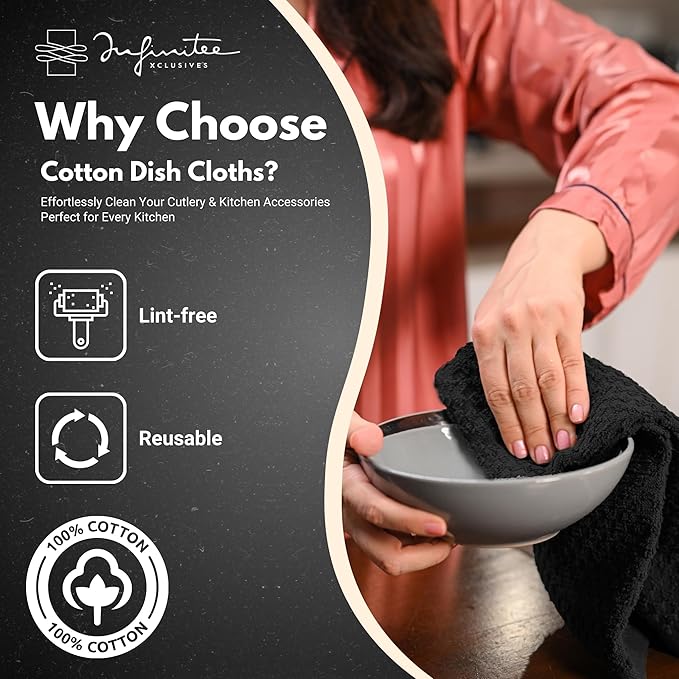 Infinitee Xclusives Premium Dish Cloth 100% Cotton 12 x 12 Inches |Pack of 4| - Ultra Soft Tea Towels - Highly Absorbent Kitchen Rags - Terry Dishcloth for Kitchen and Household Cleaning |Black|