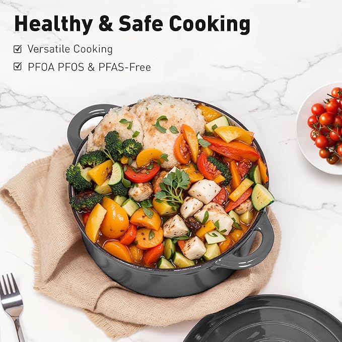 MAISON ARTS Enamel Cast Iron 7 Piece Cookware Set, Dutch Oven Pot with Lid, Grey Non Stick Pots and Pans set, Oven Safe up to 500°F