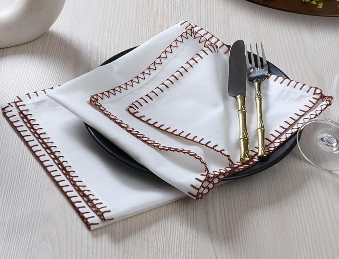 Bedding Craft Cotton Cloth Dinner Napkins Set of 12 – 18x18 Chili Oil Red Cloth Napkins with Blanket Stitch Selvedge – Washable Fabric Napkins for Wedding Tables, Banquets, Parties & Restaurants