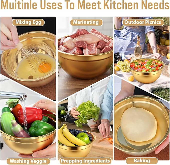 SHENLIU 5 Pcs Gold Mixing Bowls with Airtight Lids, Stainless Steel Mixing Bowl with Colander Metal Nesting Organizers for Kitchen Prepping Serving Food, Non-slip Bottom Size 5.5, 3.6, 2.7, 2.1Qt