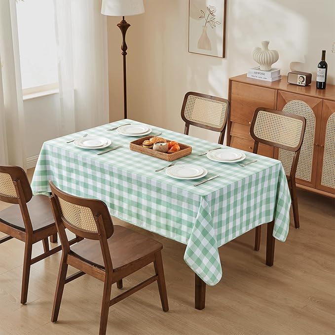 Yarn Dyed Cotton Blend Table Cloth Rectangle Table Cover 55x71 Inches Waterproof Indoor/Outdoor Green and White Checkered Gingham Rectangle Tablecloth for Dining Room BBQs Buffet Camping
