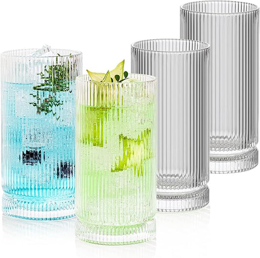16oz Ribbed Glassware, Vintage Drinking Glasses Set of 4, Cocktail Glass Cups, Elegant Tom Collins Glasses, Highball Ribbed Glasses Ideal for Water, Iced Coffee, Juice, Beer, Milk