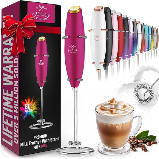 Zulay Kitchen Powerful Milk Frother Wand - Ultra Fast Handheld Drink Mixer - Electric Whisk Foam Maker for Coffee, Lattes, Cappuccino, Frappe, Matcha & Coffee Creamer - Hot Pink & Gold