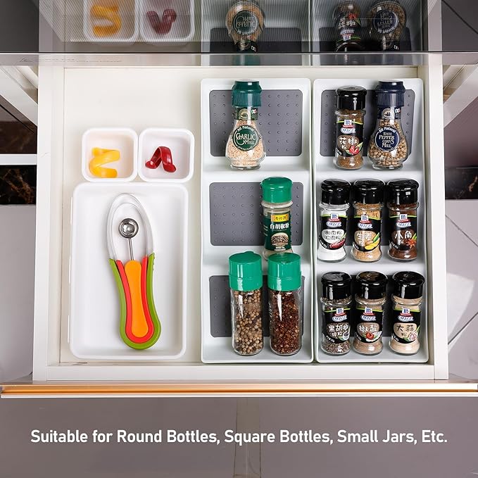 Spice Drawer Organizer, 3 Tier Non-Slip Silicone Seasoning Jars Drawer Insert, Spice Rack Organization for Drawer, Kitchen Spice Rack Tray for Cabinet Countertop Makeup Storage-1 Pack