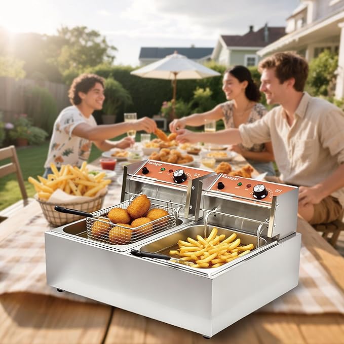 Commercial Deep Fryer with Basket 6-12L Capacity Adjustable Temperature and Timer Stainless Steel With lid Suitable for home/commercial/camping/outdoor (Double fry basket + machine-17.5lbs)
