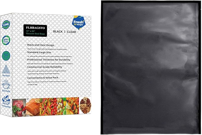 Black and Clear Vacuum Sealer Bags 15" x 20", 5.5 Mil Precut Vacuum Seal Bags for Food Storage, Sous Vide, and Meal Prep, Heavy Duty Commercial Grade, 50 Count