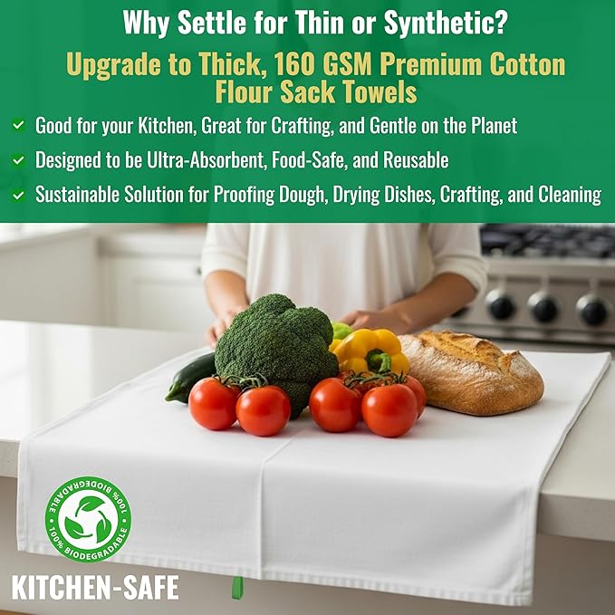 Flat Flour Sack Towels 100% Cotton Dish Towel Reusable Baking Cloth for Bread Dough, Baguettes, Ciabatta, Machine Washable, Kitchen Towels for Cleaning (White, 28"x28" - Pack of 7)