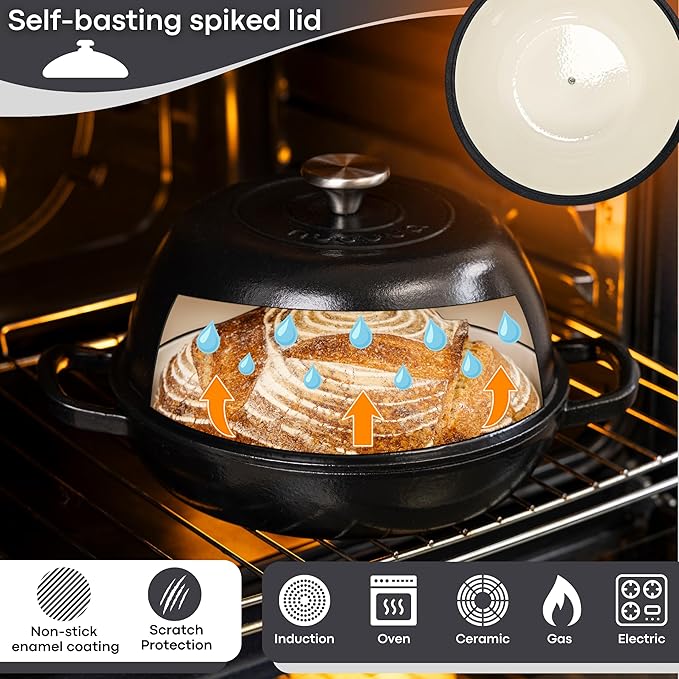 Enamelled Cast Iron Dutch Oven Pot – Dutch Oven For Sourdough Bread Baking – Cast Iron Bread Pot – Black, 6 Quarts, 26cm – by Nuovva