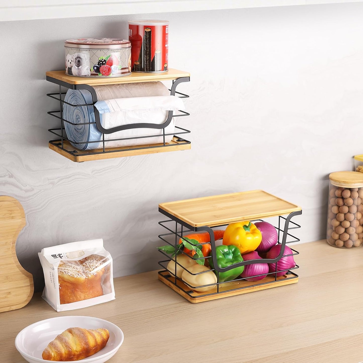 Trash Bag Dispenser Holder for Kitchen 2 Pack Laundry Room Trash Bag Holder Wall Mount Garbage Bag Dispenser Stainless Steel Roll Holder with Bamboo Top for Countertop, Under Sink