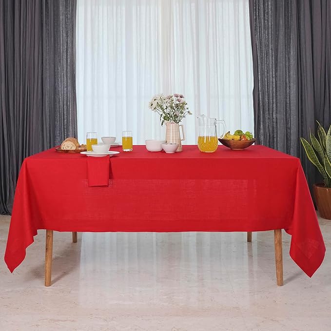 D'Moksha Homes Linen Tablecloth for Rectangle Tables 60 x 144 Inch - 100% Pure Linen Bright Red Table Cloth - Machine Washable Cloth Tablecloth for Fall, Autumn and Halloween