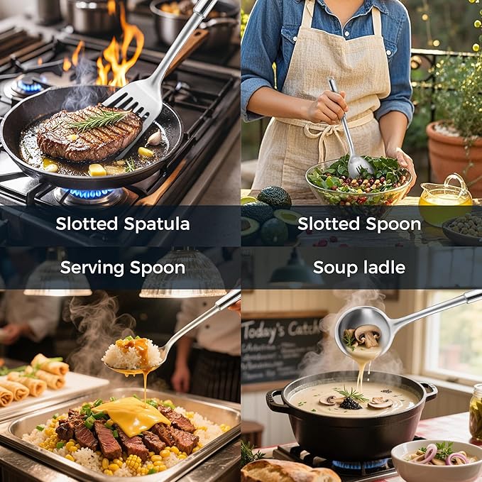 18/0 Stainless Steel Kitchen Cooking Utensil Set, Ergonomic Handle, Dishwasher Safe, Slotted Spoon, Ladle, Turner, Serving Spoon for Housewarming Daily Use Commercial, Pack of 4