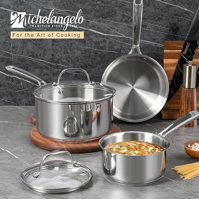 MICHELANGELO Stainless Steel Saucepan Set with Lid, Premium Triply Stainless Steel Sauce Pan with Cool Handle, Nonstick Sauce Pot Set for Kitchen Cooking, Induction Compatible, 1QT & 2QT & 3QT
