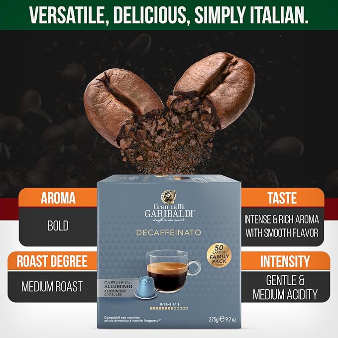 Gran Caffè Garibaldi Decaffeinated Espresso Pods, Italian Roasted Coffee, Decaf Capsules Compatible with Nespresso Original Line Machines, Nitrogen Flushed Intense & Rich Aroma - Decaffeinato (Aluminum) 200 Cups