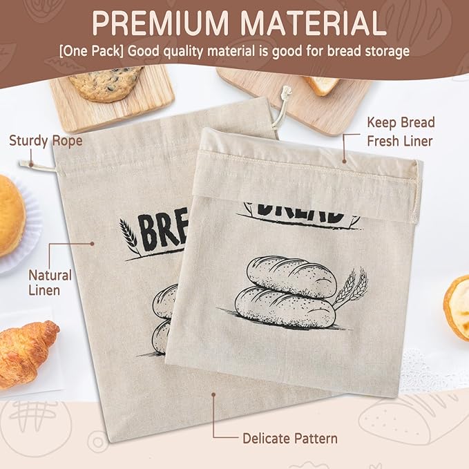 Bread Bags for Homemade Bread, Linen Bread Bag Storage, Reusable Sourdough Bread Bags with Plastic Liner, Drawstring Bread Container for Toast, Loaf,Sandwich Fresh Longer