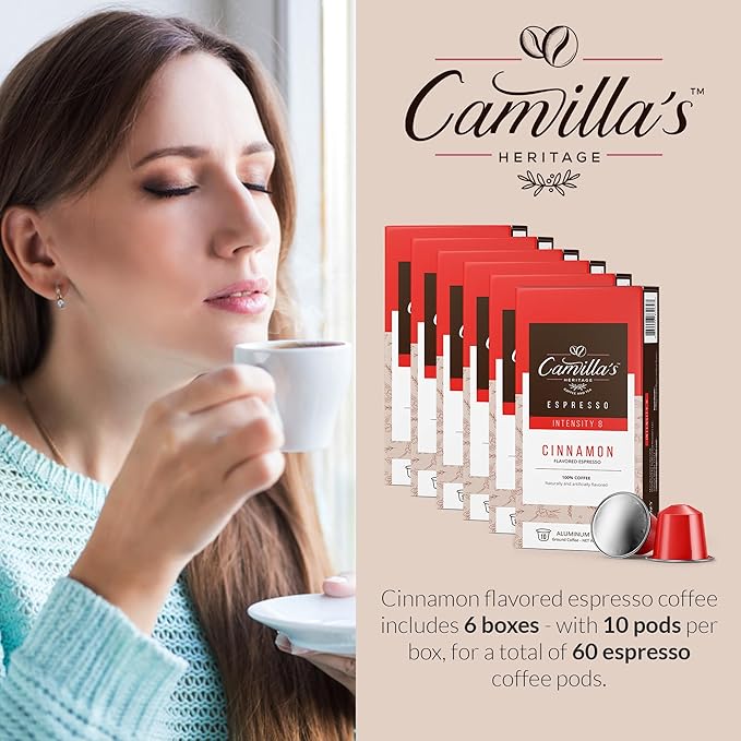 Camilla’s Heritage - Intensity 8 Cinnamon Flavored Espresso Coffee, Gourmet Espresso Cups, 60 Coffee Pods
