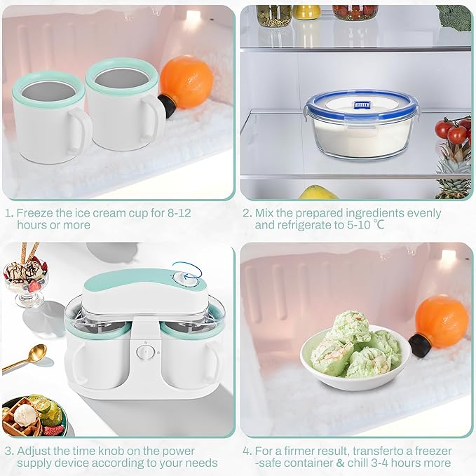SUSTEAS Ice Cream Maker Machine,with Two Ice Cream Mug,Ice Cream for Frozen Yogurt,Sorbet,Gelato Treat,with Recipes,Simple Operation and Easy to Clean,White Green