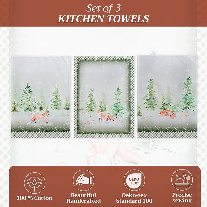 Maison d' Hermine Kitchen Towels Set of 3 100% Cotton 20" x 27.5" Reusable Cloth Tea Dish Towels Absorbent with Hanging Loop for Kitchen Dining Thanksgiving Christmas Decorations (Winter Mornings)