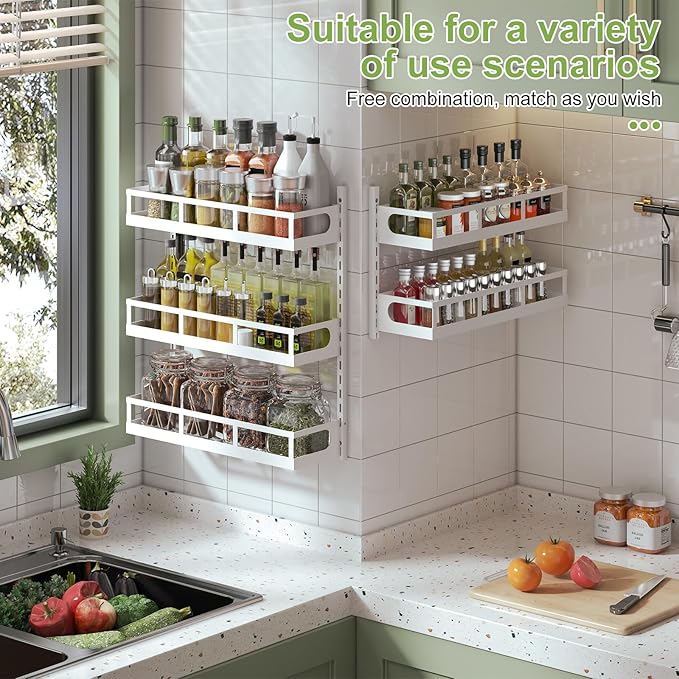 X-cosrack Wall Mount Spice Rack Organizer 5 Tier Height-Adjustable Hanging Spice Shelf Storage for Kitchen Pantry Cabinet Door, Dual-Use Seasoning Holder Rack with Hooks, White