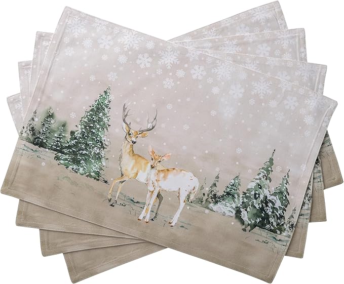 Maison d' Hermine Placemats Set of 4 100% Cotton Washable Cloth Place Mats, Reusable Table Mats for Thanksgiving Christmas Decorations Kitchen Dining Party Wedding (Deer in The Woods, 13" x 19")