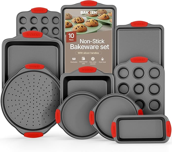 Baking Set – 10 Piece Kitchen Oven Bakeware Set – Deluxe Non-Stick Blue Coating Inside and Outside – Carbon Steel – Red Silicone Handles – PFOA PFOS and PTFE Free by Bakken,Black