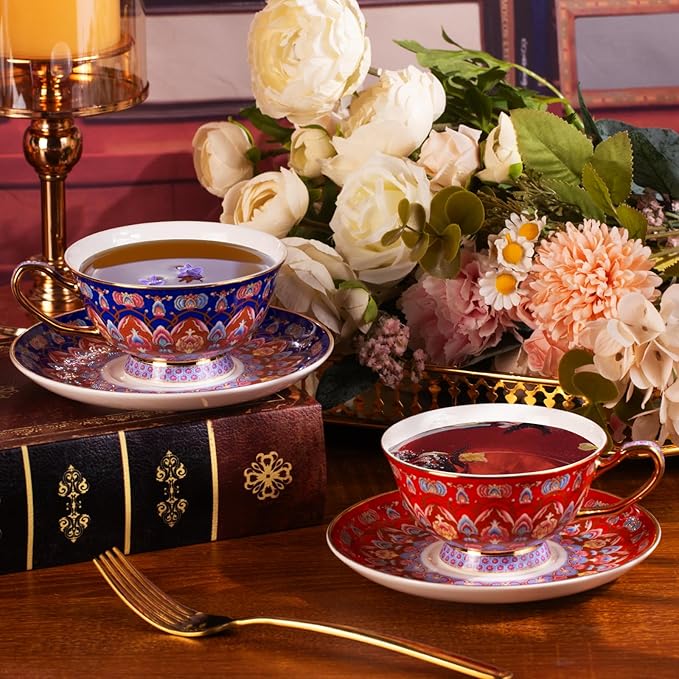 KAMMAK Tea Cups and Saucers Set of 2, Porcelain Coffee Cups with Saucer for Espresso, Cappuccino, 8oz Vintage Red and Blue Ceramic Demitasse Mug for Home, Tea Party, Office