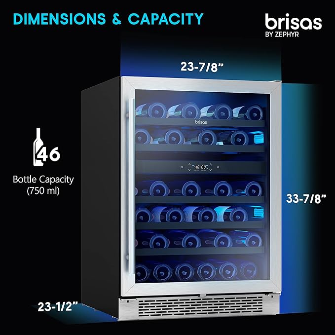 Zephyr BWN24C02AG Brisas 24 Inch Wide 46 Bottle Capacity Built-In or Freestanding Wine Cooler with Dual-Pane Door - Stainless Steel