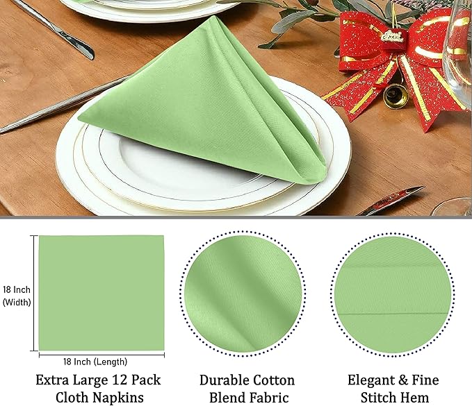 Ruvanti Cloth Napkins Set of 12, 18x18 Inches Napkins Cloth Washable, Soft, Durable, Absorbent, Cotton Blend. Table Dinner Napkins Cloth for Hotel, Lunch, Restaurant, Wedding Parties - Light Green