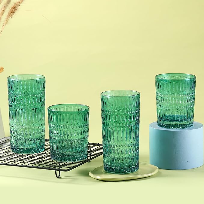 Glassware Drinking Glasses Set of 8, 14 oz Highball Glasses & 10 oz Ribbed Glass Cups, Vintage Glassware for Water, Juice, Cocktail, Whiskey (Atroviens)