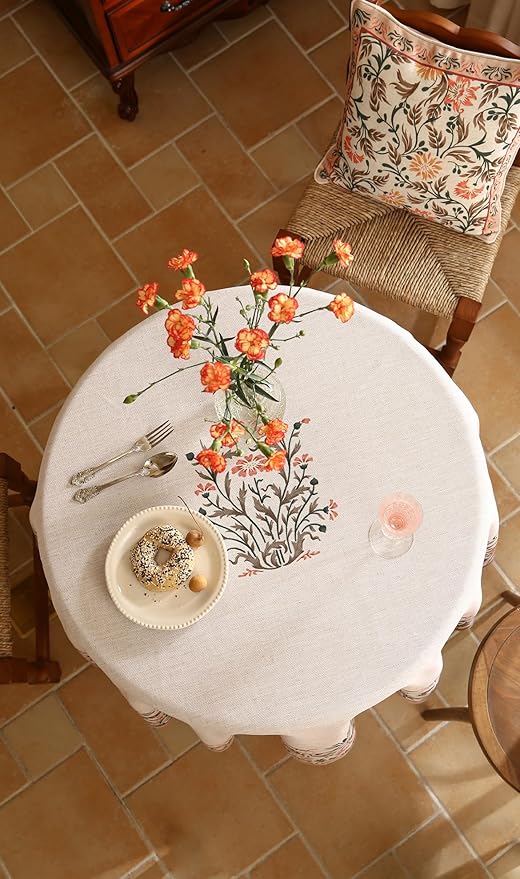 Floral Tablecloth for Round Tables,Linen Table Cloth with Double-Edged Lily Pattern,Heavy Durable Table Cover for Dining Thanksgiving Kitchen Decor Party Christmas,Diameter 67"