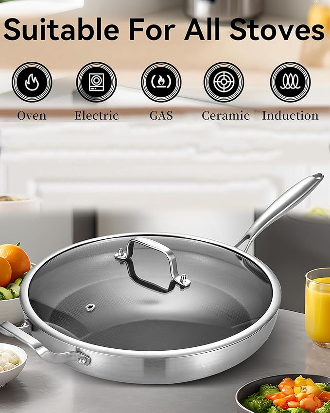 14-Inch Nonstick Hybrid Frying Pan with Lid, Ceramic Coated Tri-Ply Stainless Steel Induction Chef's Pan, Large Skillet, PFOA Free, Oven & Dishwasher Safe for All Stoves, Detachable Handle