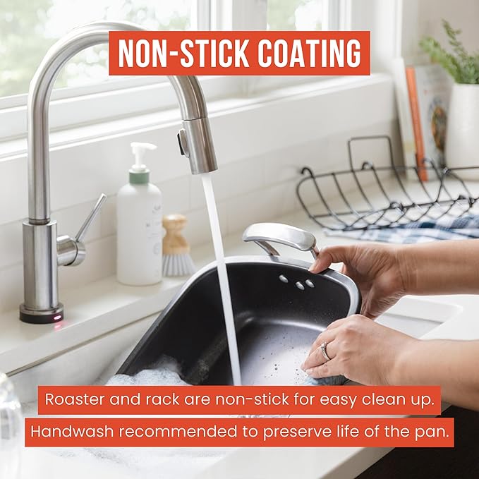 Chef Pomodoro Deluxe Large Carbon Steel Roasting Pan with U-Rack, 18.5 x 14.5-In (47 x 37 cm), Extra-Large, Grey – The Ultimate Solution for Flawless Roasts, BBQs, and Oven-to-Table Entertaining