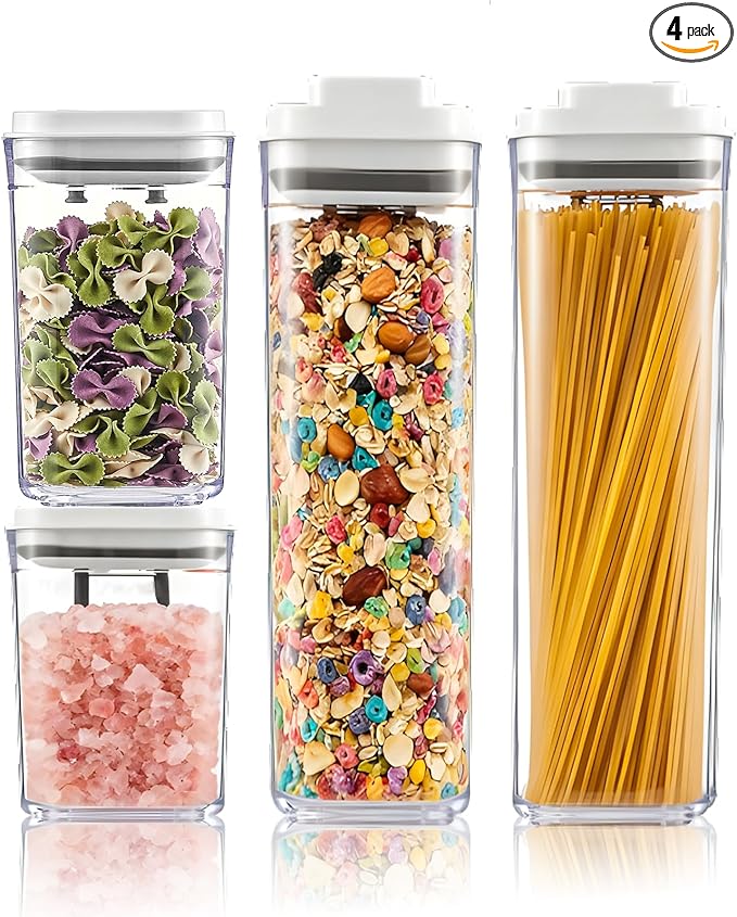 Pop Top Food Storage Container Set | 4Pcs Airtight Cereal Storage Organizer Canisters with Pop Lids, BPA-Free, Vacuum Seal & One-button Opening, Stackable Pantry Containers for Dry Food Storage