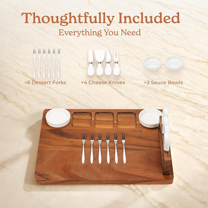 SMIRLY Charcuterie Boards Set, Large Cheese Board Set, Natural Walnut Wood Charcuterie Tray with Accessories - Housewarming Gifts New Home, Wedding & Bridal Shower Gifts for Women, Couples