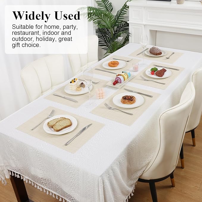 SHACOS Placemats Set of 6 Woven Vinyl Place Mats Wipeable Heat Resistant Stain Resistant Table Mats Indoor Outdoor, Beige White