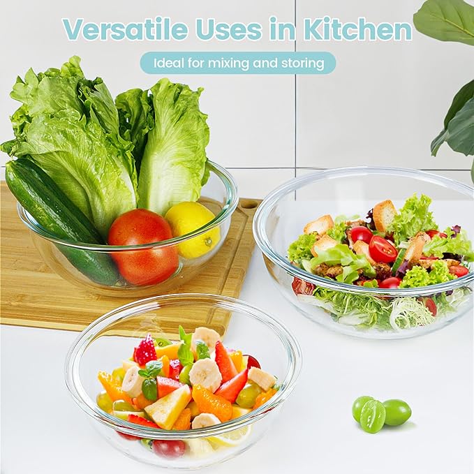Luvan Borosilicate Clear Glass Mixing Bowls with Lids Set of 4 (0.53qt, 1.1qt, 2.1qt, 3.7qt), Space Saving Nesting Bowls Large Kitchen Salad Bowls for Meal Preping,Baking,Mixing,Dishwasher Safe