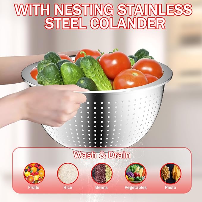 Mixing Bowls with Strainer, Mixing Bowl with Lids Set, Stainless Steel Mixing Bowls, Kitchen Gadgets 2025 Salad Bowls with Strainer for Mixing & Preping & Baking, Multicolor