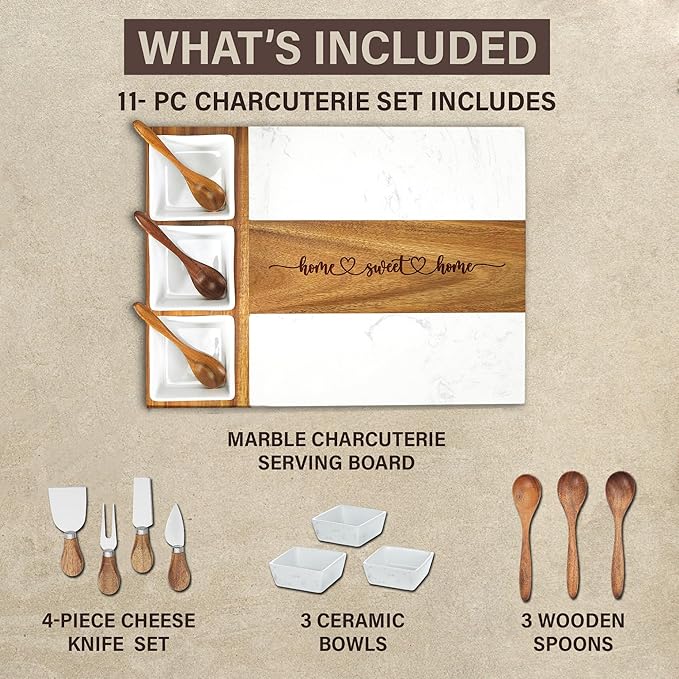 EMM Marble Cutting Board Set, Charcuterie Cheese Boards, 3 Bowls, 3 Spoons, 4 Charcuterie Utensils, Meat, Fruits, Vegetables, Housewarming, Wedding - Home Sweet Home