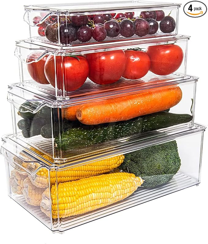 Taiuloo Set of 4 Fridge Organizer, Stackable Refrigerator Organizer Bins with Lids, Kitchen Pantry Cabinet Organization, BPA-Free Clear Food Storage Containers for Fruit, Vegetable, Cereal, Produce