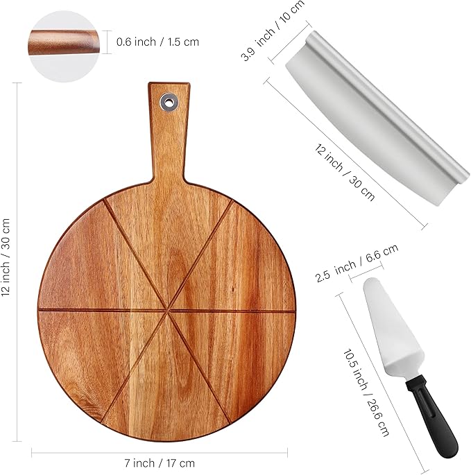 Pizza Peel 12 Inch, Wood Pizza Board with Handle, Round Pizza Paddle with Cutter, Pizza Cutting Board for Cheese Bread Fruit Vegetables, Pizza Accessories Supplies