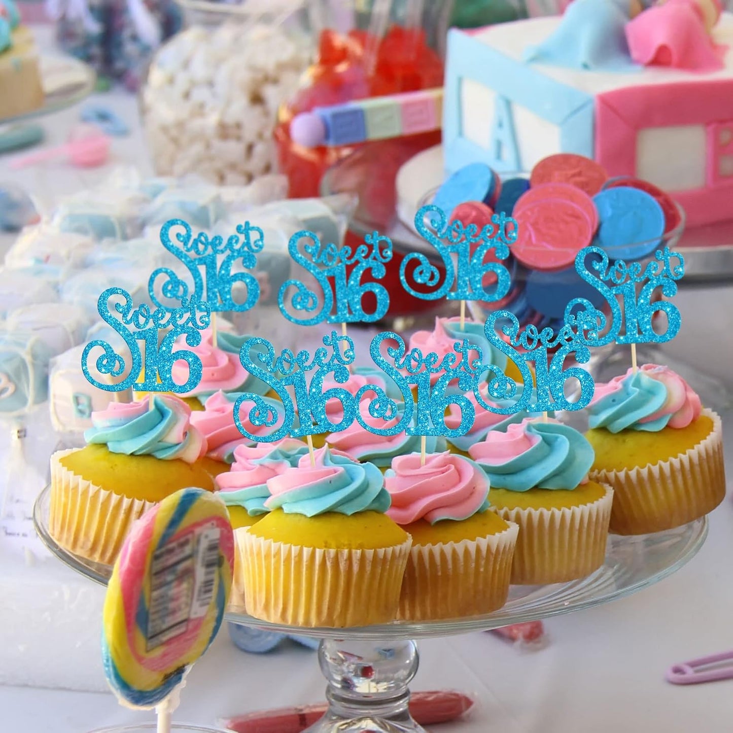 Gyufise 24 Pack 16th Birthday Cupcake Toppers Glitter Sixteen Happy Sweet 16 Cupcake Picks Cheers to 16 Years Old Cupcake Decorations for 16th Birthday Anniversary Party Supplies Light Blue