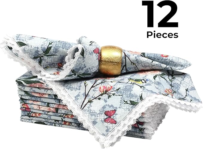 Bedding Craft Printed Cotton Dinner Napkins Set of 12 – 18x18 Lace Birds Design – Elegant & Reusable Fabric Table Napkins for Dining, Parties, Weddings & Everyday Use