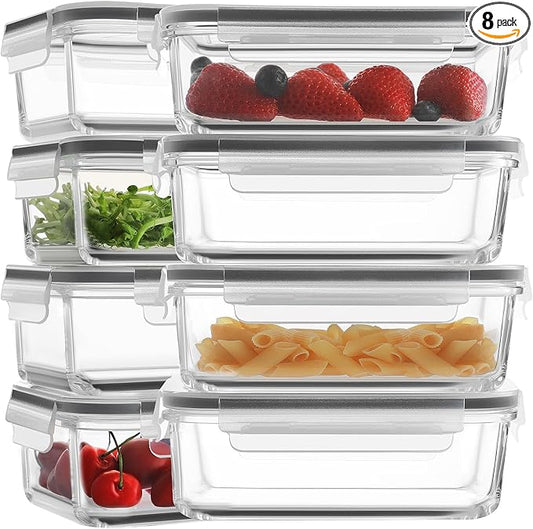 HOMBERKING 30oz 8 Pack Glass Meal Prep Containers with Lids, Food Storage Airtight Bento Boxes with Leak Proof Locking for Microwave, Oven, Freezer and Dishwasher (8 lids & 8 Containers)