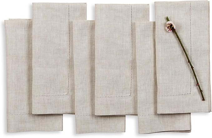 Solino Home Light Natural Linen Napkins Set of 6-100% Pure Linen Hemstitch Dinner Napkins 20 x 20 Inch for Fall, Autumn, Thanksgiving, Christmas, Holiday - Classic Hemstitch