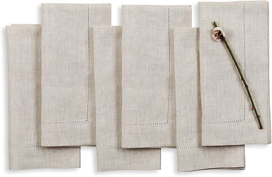 Solino Home Light Natural Linen Napkins Set of 6-100% Pure Linen Hemstitch Dinner Napkins 20 x 20 Inch for Fall, Autumn, Thanksgiving, Christmas, Holiday - Classic Hemstitch