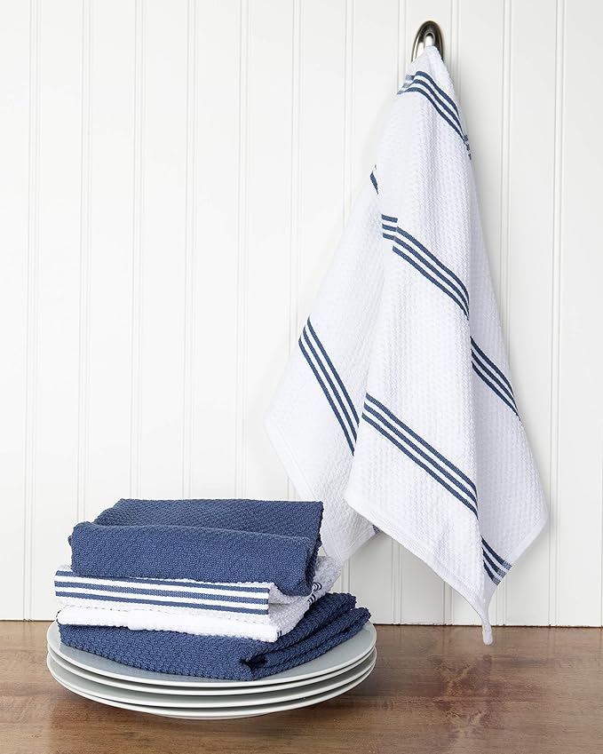 Sticky Toffee Cotton Kitchen Towels Set of 4 – 28x16 in Dark Blue and White Dish Towels, Reusable and Absorbent Tea Towels for Cleaning or Drying, Oeko-Tex Cotton