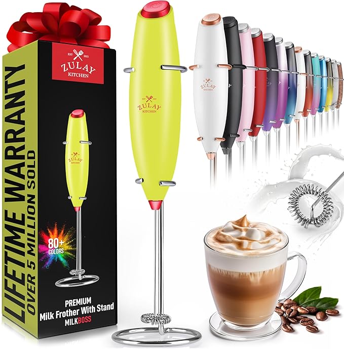Zulay Powerful Milk Frother Handheld Foam Maker for Lattes - Whisk Drink Mixer for Coffee, Mini Foamer for Cappuccino, Frappe, Matcha, Hot Chocolate by Milk Boss (Lime/Red)