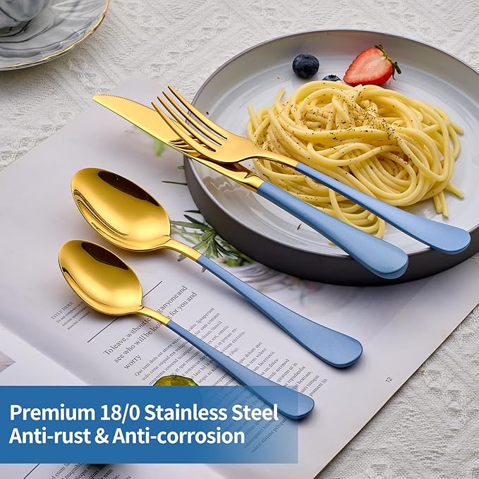 20-Piece Grey blue & Gold Silverware Set, 18/0 Stainless Steel Colorful Handle Flatware Set,Service for 4,Modern Cutlery Set Includes Dinner Knives Forks Spoons,Mirror Polished,Dishwasher Safe