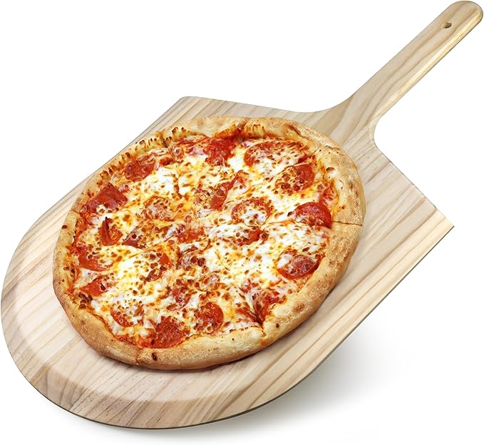 Wooden Pizza Peel, 16 x 14 inch Blade with 8 inch Handle, Pinewood, 24 inch Overall Length with Tapered edge with hole on the end of the handle. (1)