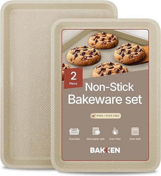 Diamond Bottom Cookie Sheet Set of 2, Nonstick White Marble Carbon Steel Baking Pans for Crisp Baking, Space-Saving Stackable Trays, PFOA, PFOS, PTFE Free, Oven Safe Up to 450°F, Small & Medium Pans