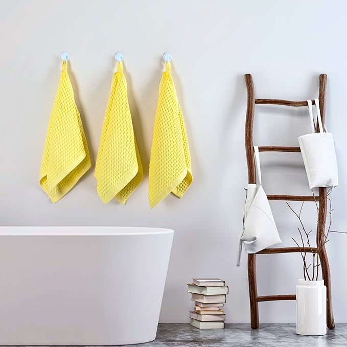 PÜSKÜL Organic Waffle Kitchen Towel 100% Turkish Cotton Set of 3 Yellow - Premium Quality, Soft, Quick-Dry, Absorbent, Lint-Free Hand Towels 32X16 Inches (3, Light Yellow)